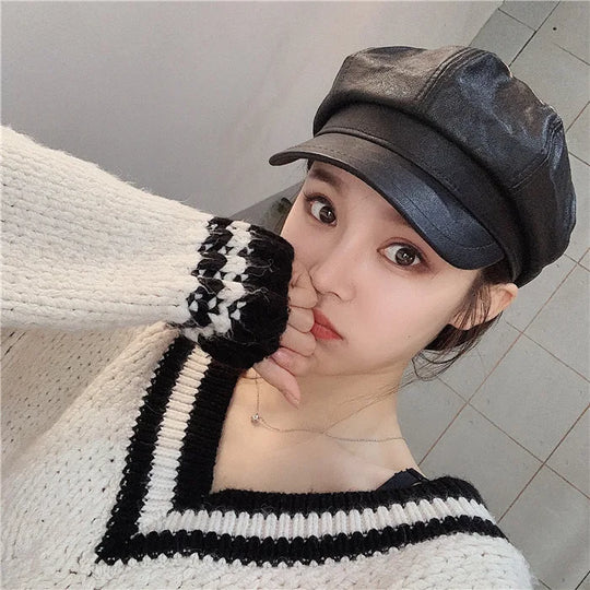 Women Men PU Leather Berets Hat Retro British Solid Beret Baseball Cap Outdoor Sun Hat Winter Warm Octagonal Hats Newsboy Caps