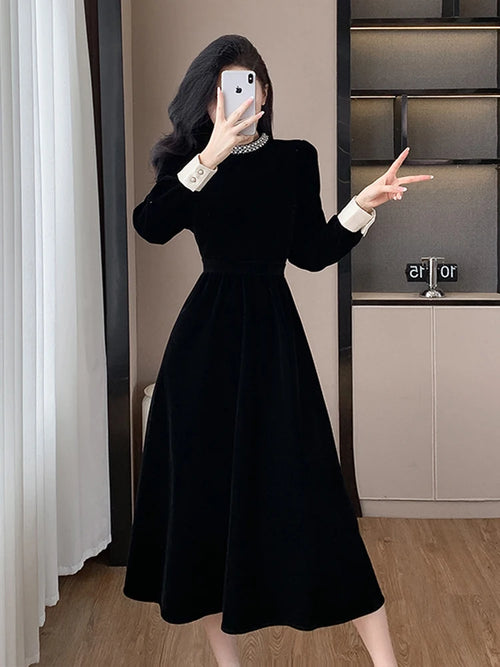 High Quality Fall Winter French Hepburn Velvet Evening Midi Dress