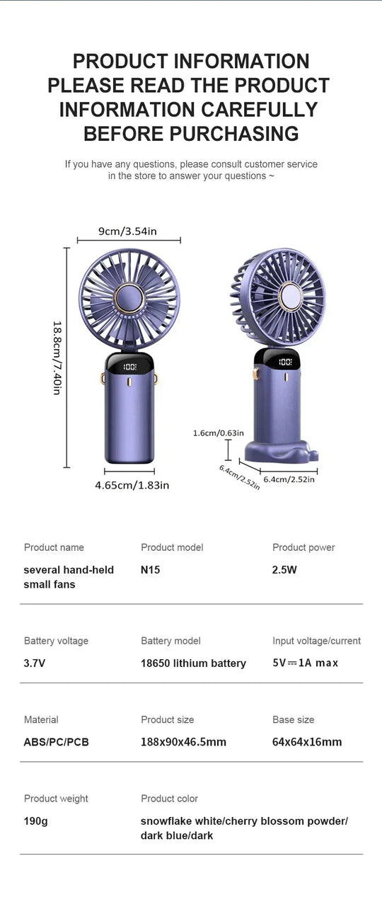 1800mAh Handheld Mini Fan Foldable Portable Neck Hanging Fans 5 Speed USB Rechargeable Fan with Phone Stand and Display Screen