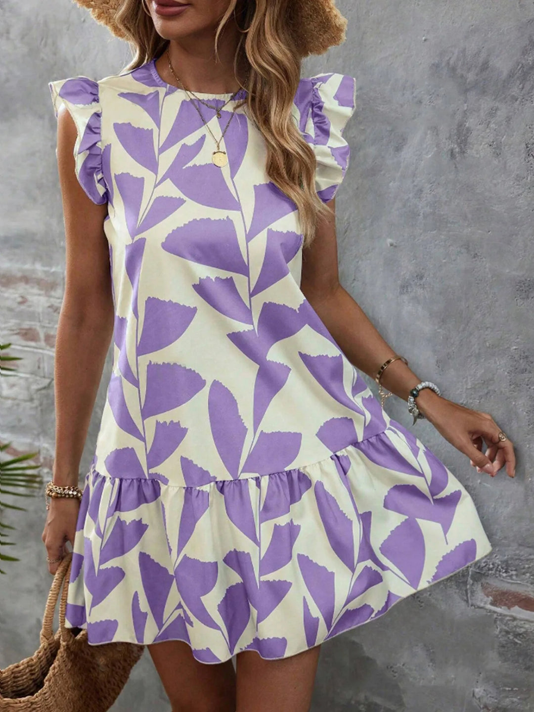 Casual loose ruffled short-sleeved dress summer women's 2024 new round neck floral elegant dress temperament elegant dress