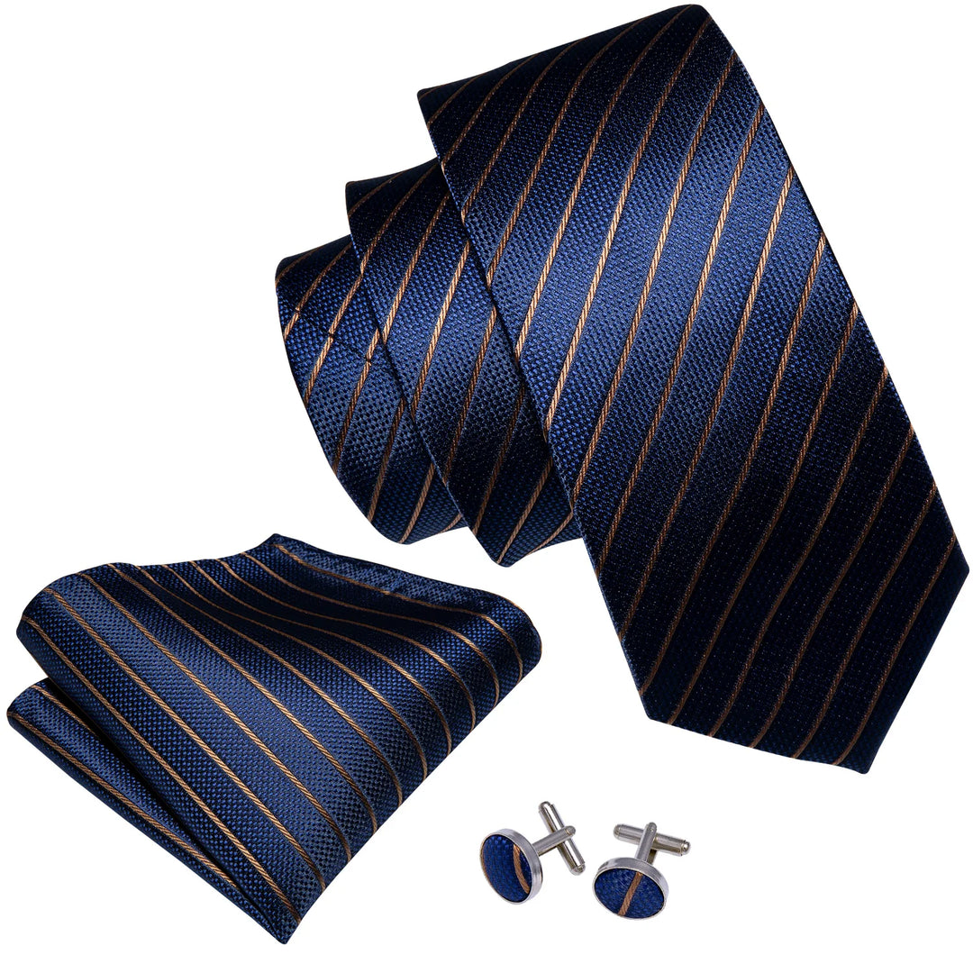 Men Tie Gold Navy Blue Striped Silk Tie 3.4" Jacquard Party