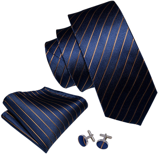 Men Tie Gold Navy Blue Striped Silk Tie 3.4" Jacquard Party