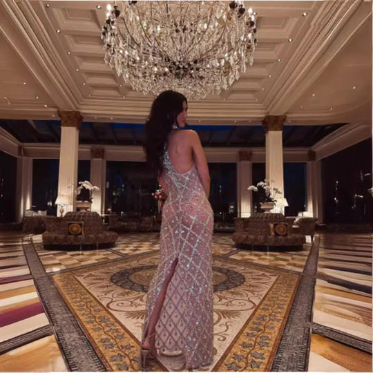 Sparkly Rhinestones Sleeveless Long Dress for Women Elegant Trend Celebrate Evening Wedding Gown Birthday Dresses