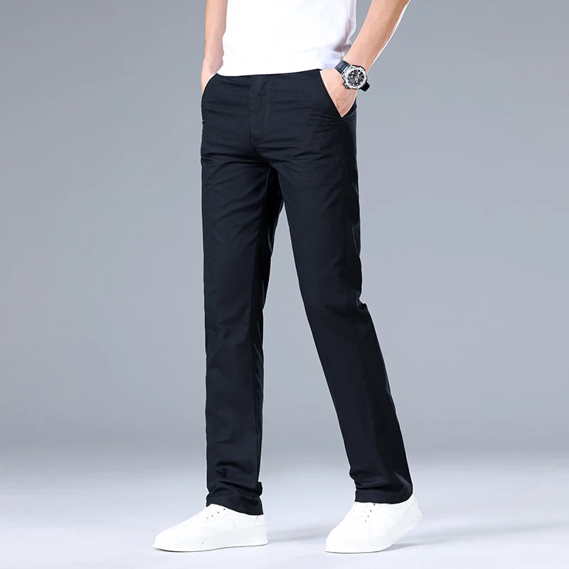 Top Quality 100% Cotton New Brand Casual Fashion Business Long Pants Straight High Waist Regular Fit Trousers Men's Clothing