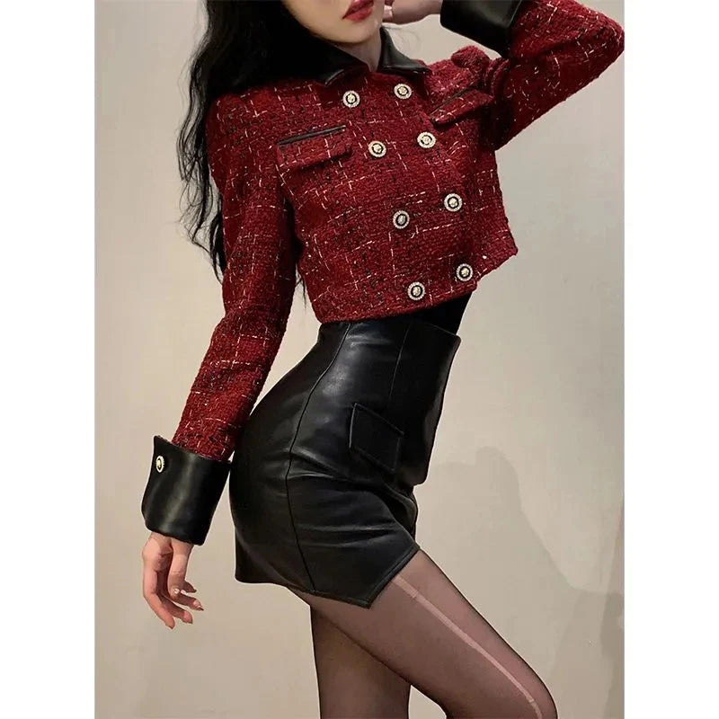 Vintage Cropped Tweed Jacket Women Elegant Blazers Korean Patchwork