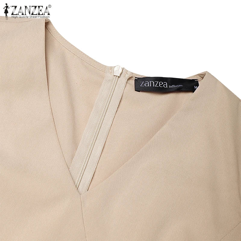 Elegant Pleated Dresses Women Summer Dress V Neck Puff Sleeve Party Vestidos Stylish Solid OL Work Sundress
