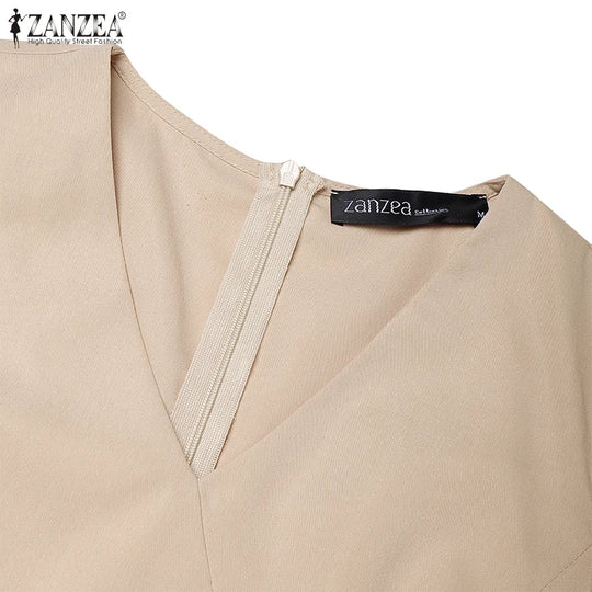 Elegant Pleated Dresses Women Summer Dress V Neck Puff Sleeve Party Vestidos Stylish Solid OL Work Sundress