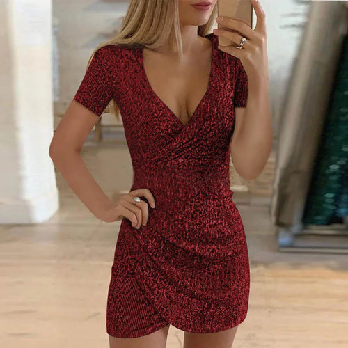 V-Neck Short Sleeve Women Sexy Dress Sparkly Sequin Slim Female