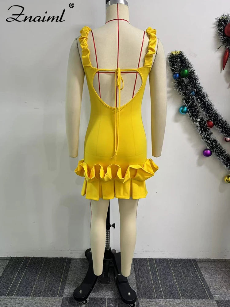 Znaiml Sexy Ruffle Bodycon Spaghetti Strap Sheath Yellow Mini Dresses