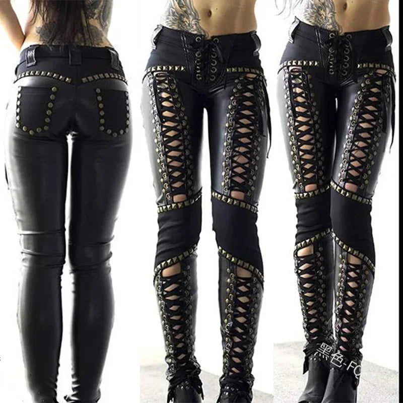 Spring Summer New Women's Clothing Solid Color Punk Rock Imitation Leather Skinny Pants Wish Strap Leather Pants
