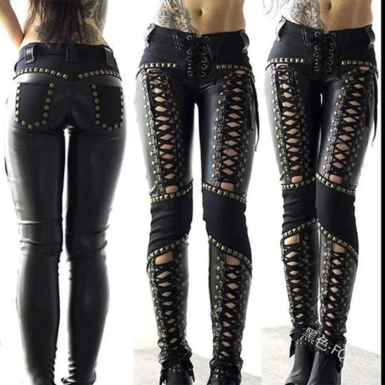 Spring Summer New Women's Clothing Solid Color Punk Rock Imitation Leather Skinny Pants Wish Strap Leather Pants