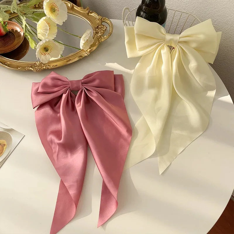 11 Solid Color Satin Ribbon Big Bows Hairpin Spring Clips Hair