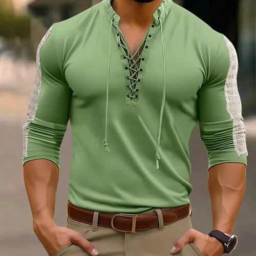 2024 Spring Autumn Men T-Shirts Mesh Patchwork Long Sleeve Top Tees