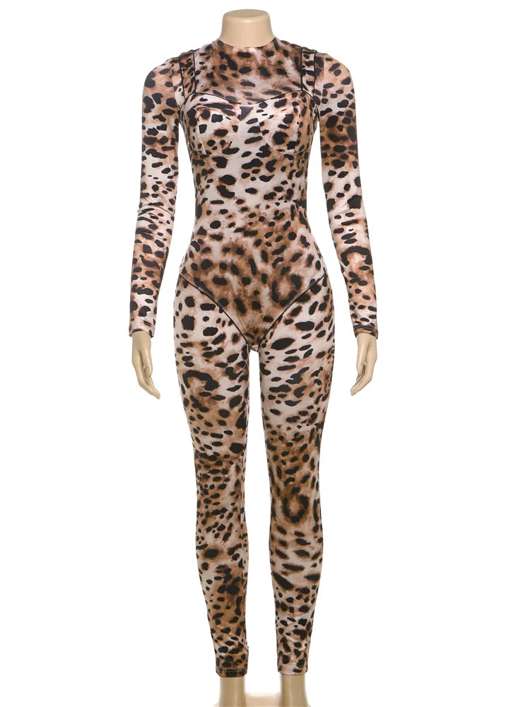 Weird Puss Zip Fit Jumpsuit Women Spring Y2K Leopard Print Full Sleeve Hipster Midnight Stretch Streetwear Workout Overalls
