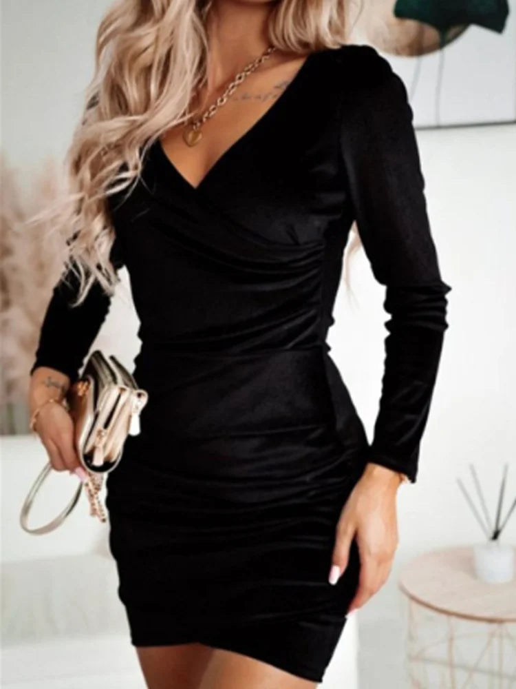 Sexy Red V-Neck Long Sleeve Dress Women's Slim Mini Dresses Elegant