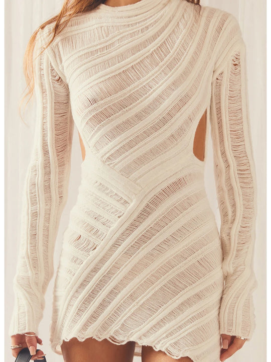 New Female Short Dress Patchwork Round Neck Long Sleeve Close-Fitting