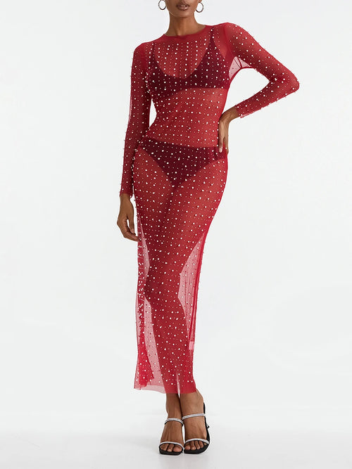 Sexy Women's Sheer Mesh Pearl Rhinestone Beach Cover Up Dress See