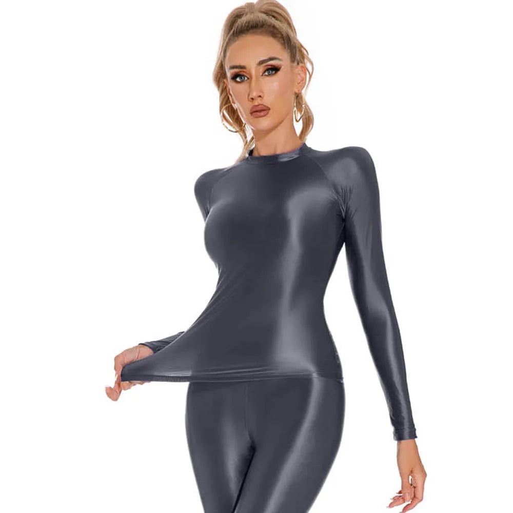 Glossy Shiny Elasitc Long Sleeve Shirt Women Fitness Gym Athletic Yoga Tshirt Tights Hot Sexy Tees Casual Crop Tops Bustier Top