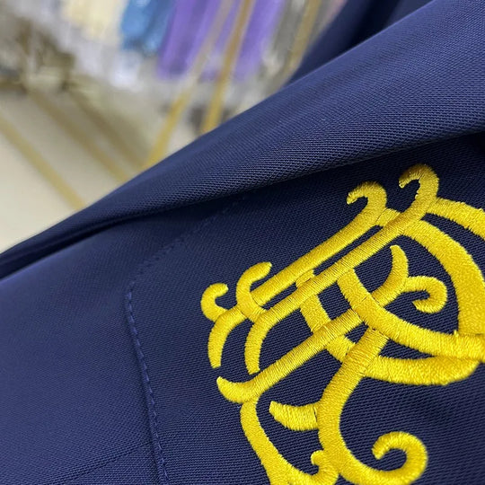 Navy Blue Blazer Jacket Women Single Breasted Pocket Embroidery
