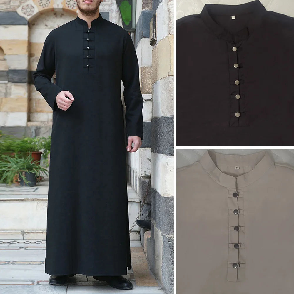 Spring Summer Fashion Style Muslim Men Long Sleeve Black Long Jubba Thobe  Muslim Men Clothing
