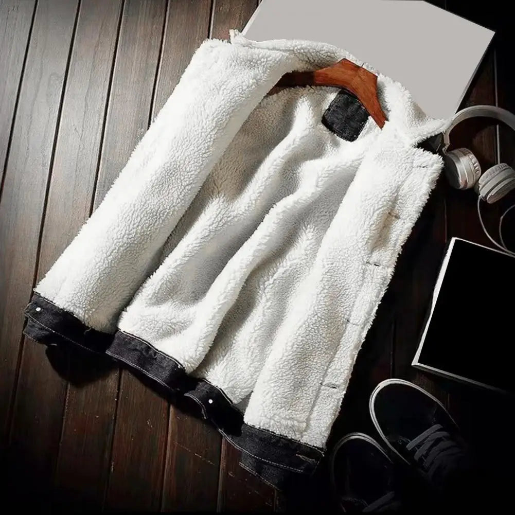 Men Jean Jacket Thicken Lamb Cashmere Lining Men Denim Coat Solid Color Coldproof Outerwear Winter Single Breasted Men Jean Coat