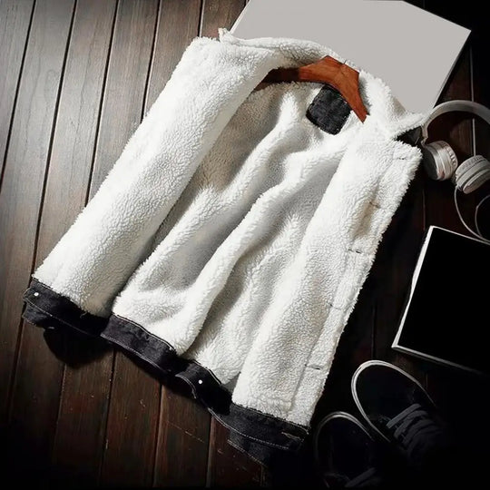 Men Jean Jacket Thicken Lamb Cashmere Lining Men Denim Coat Solid Color Coldproof Outerwear Winter Single Breasted Men Jean Coat