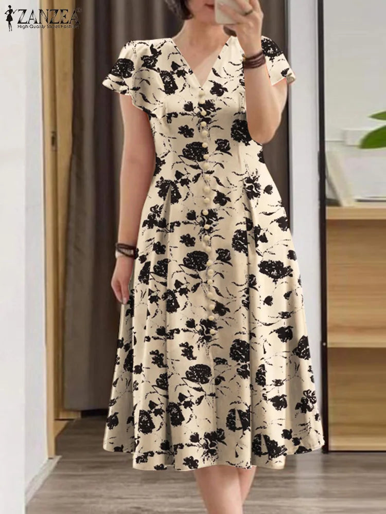 ZANZEA Ruffle Sleeve V Neck Party Sundress Casual Women 2024 Summer