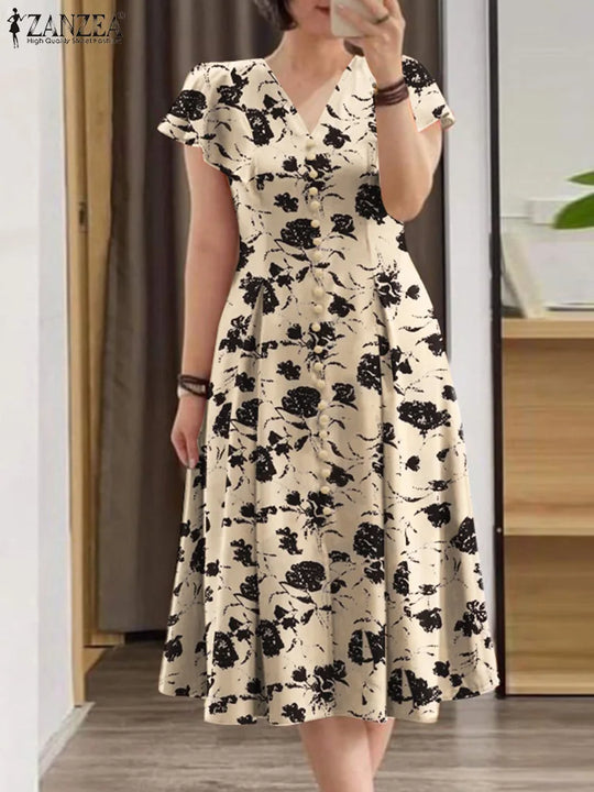 ZANZEA Ruffle Sleeve V Neck Party Sundress Casual Women 2024 Summer