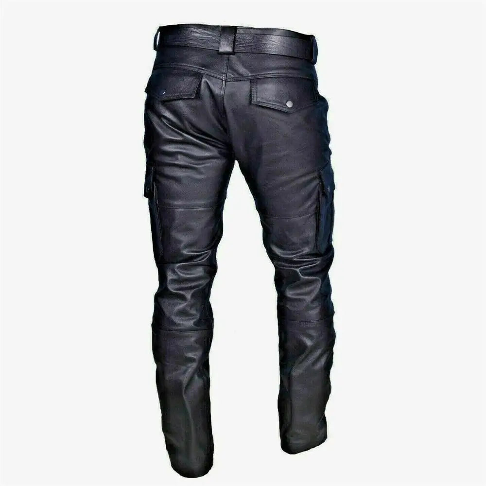 Men's Leather Motorcycle Pants with Cargo Pockets, Black, PU Pants  No