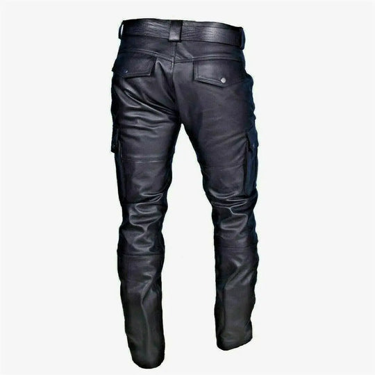 Men's Leather Motorcycle Pants with Cargo Pockets, Black, PU Pants  No