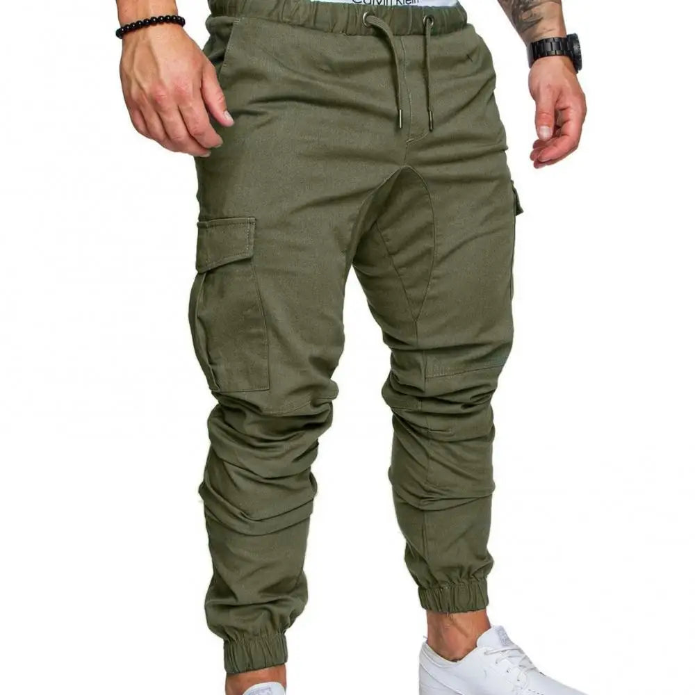 Men Skinny Cargo Pants Solid Color Pockets Drawstring Ankle Tied