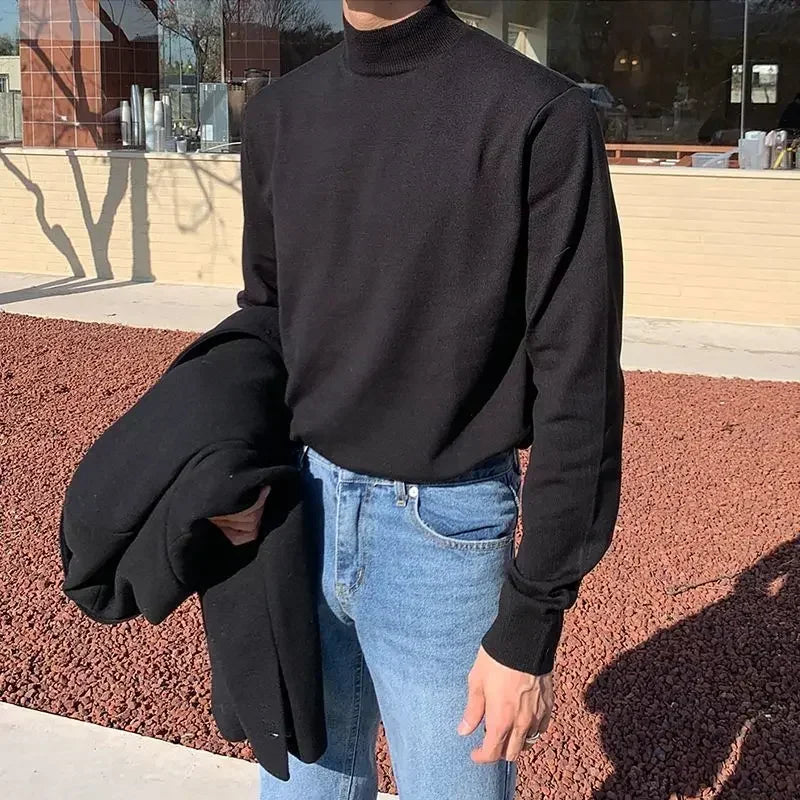 Autumn Winter Half Turtleneck Sweater Men's Long-sleeved Korean Solid