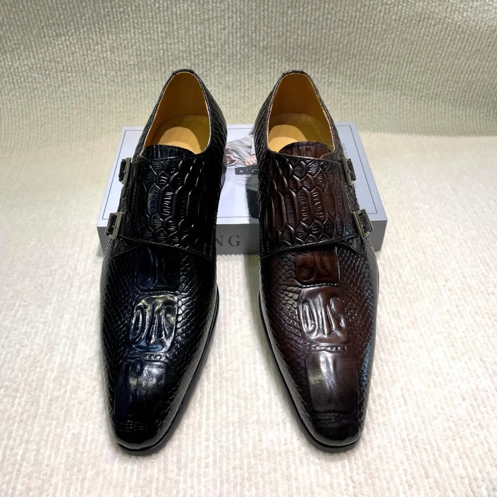 Men's Italian Genuine Leather Formal Oxford Shoes Python Crocodile Pattern Button Detailing for Office Party Wedding Footwear