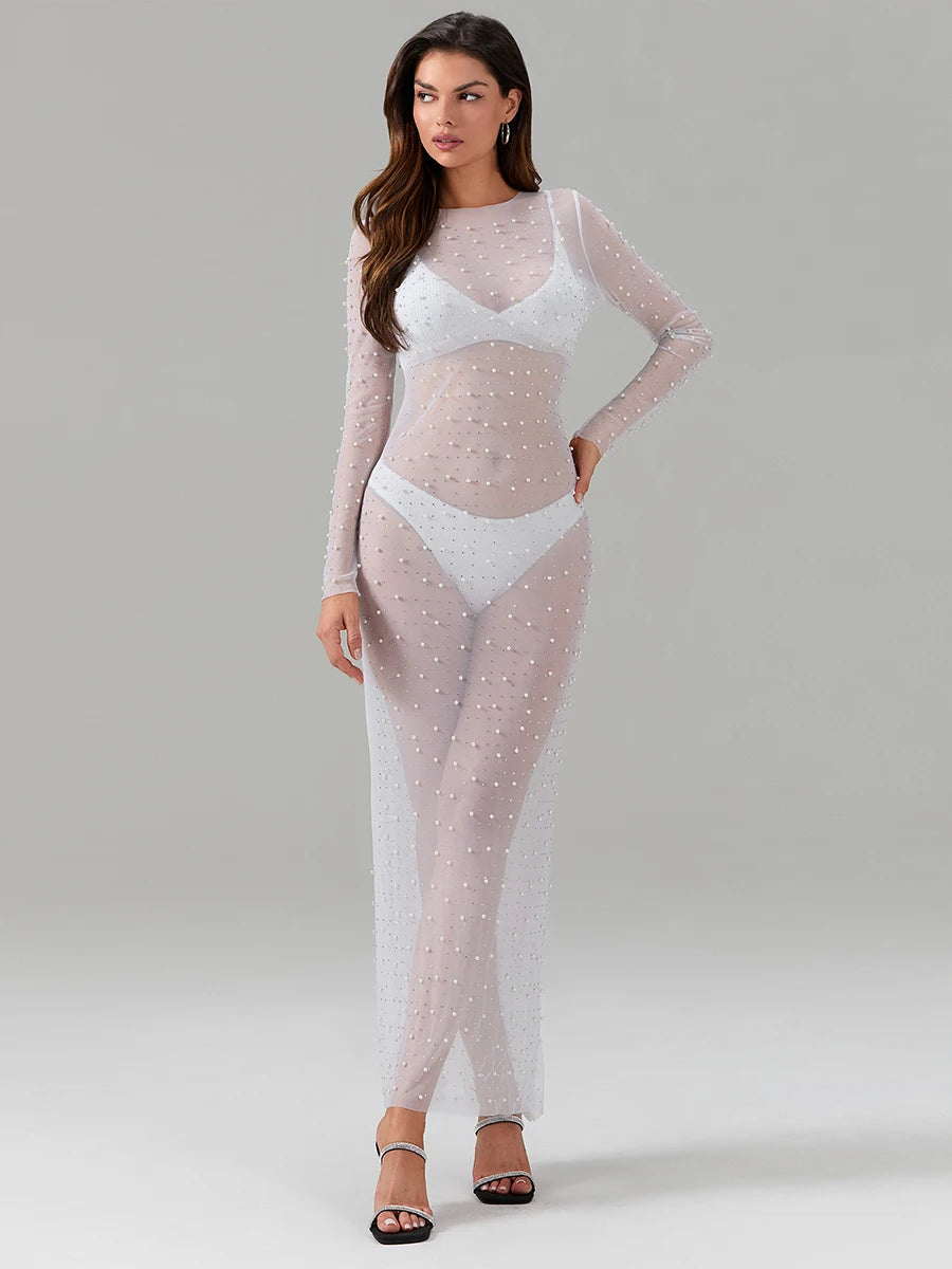Sexy Women's Sheer Mesh Pearl Rhinestone Beach Cover Up Dress See