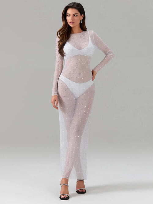 Sexy Women's Sheer Mesh Pearl Rhinestone Beach Cover Up Dress See