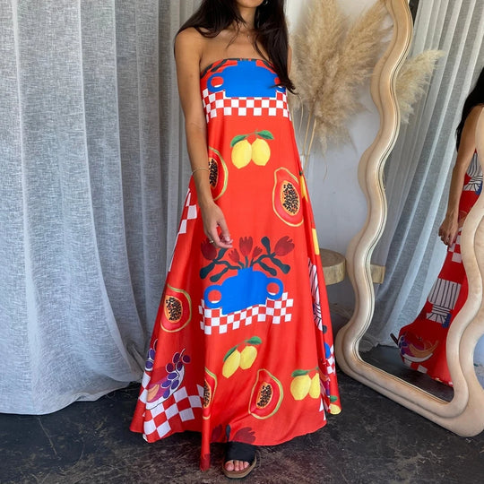 Beach Holiday Strapless Maxi Tube Dress Vintage Fruit Print Backless