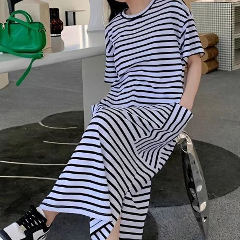 Summer New Round Neck Short Sleeve Loose Casual Tshirt Dress Women High Street Striped Patchwork Pocket All-match Maxi Dresses
