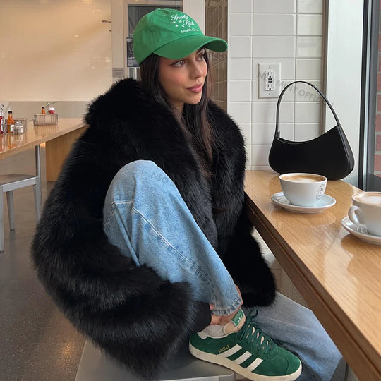 Neo Mint Street Fashion Shawl Collar Faux Fox Fur Coat Women 2024