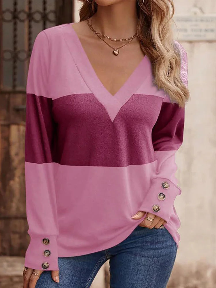 6 Color Blocked Striped Top Women's V-Neck Button Up Long Sleeve