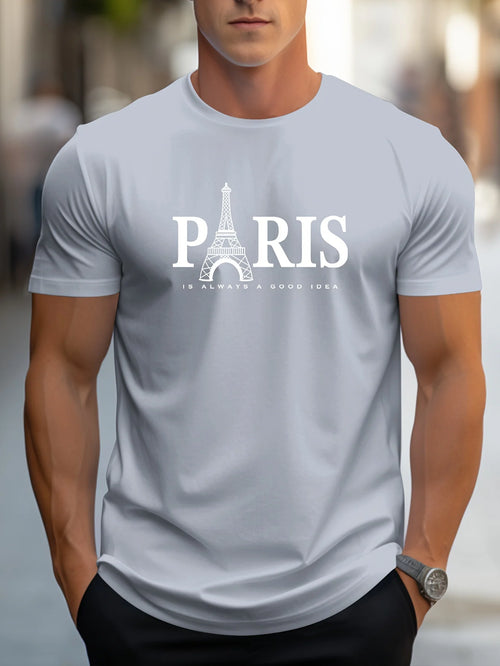 Summer Men's T Shirt Short Sleeve Paris Pattern Print Casual O-Neck