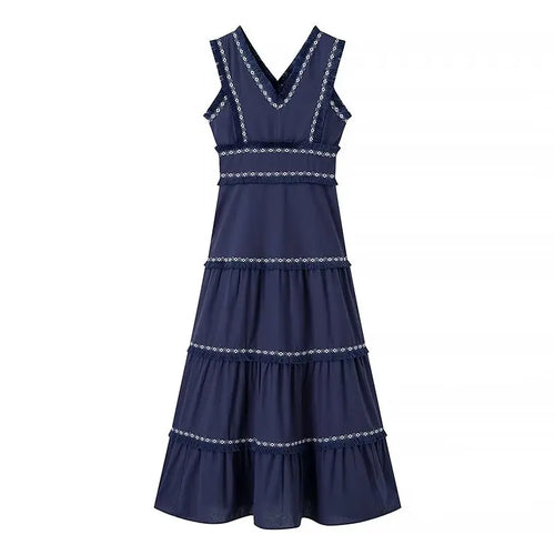 TRAFZA Summer Fashion Women Dresses V-Neck Sleeveless Back Zipper Lace