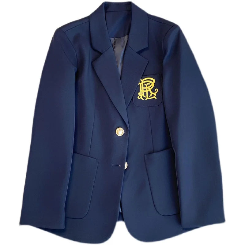 Navy Blue Blazer Jacket Women Single Breasted Pocket Embroidery