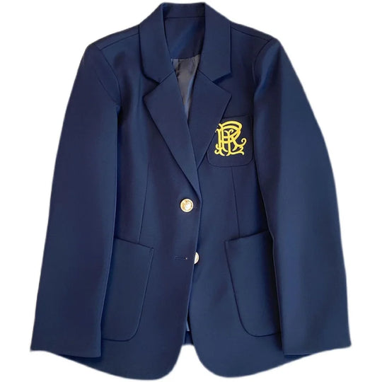 Navy Blue Blazer Jacket Women Single Breasted Pocket Embroidery