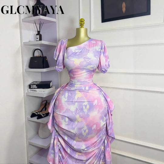 Women Tie Dye Printed Skew Neck Ruched Stacked Bodycon Midi Maxi Long Dress Vacation Holiday Sexy Vestidos Dresses