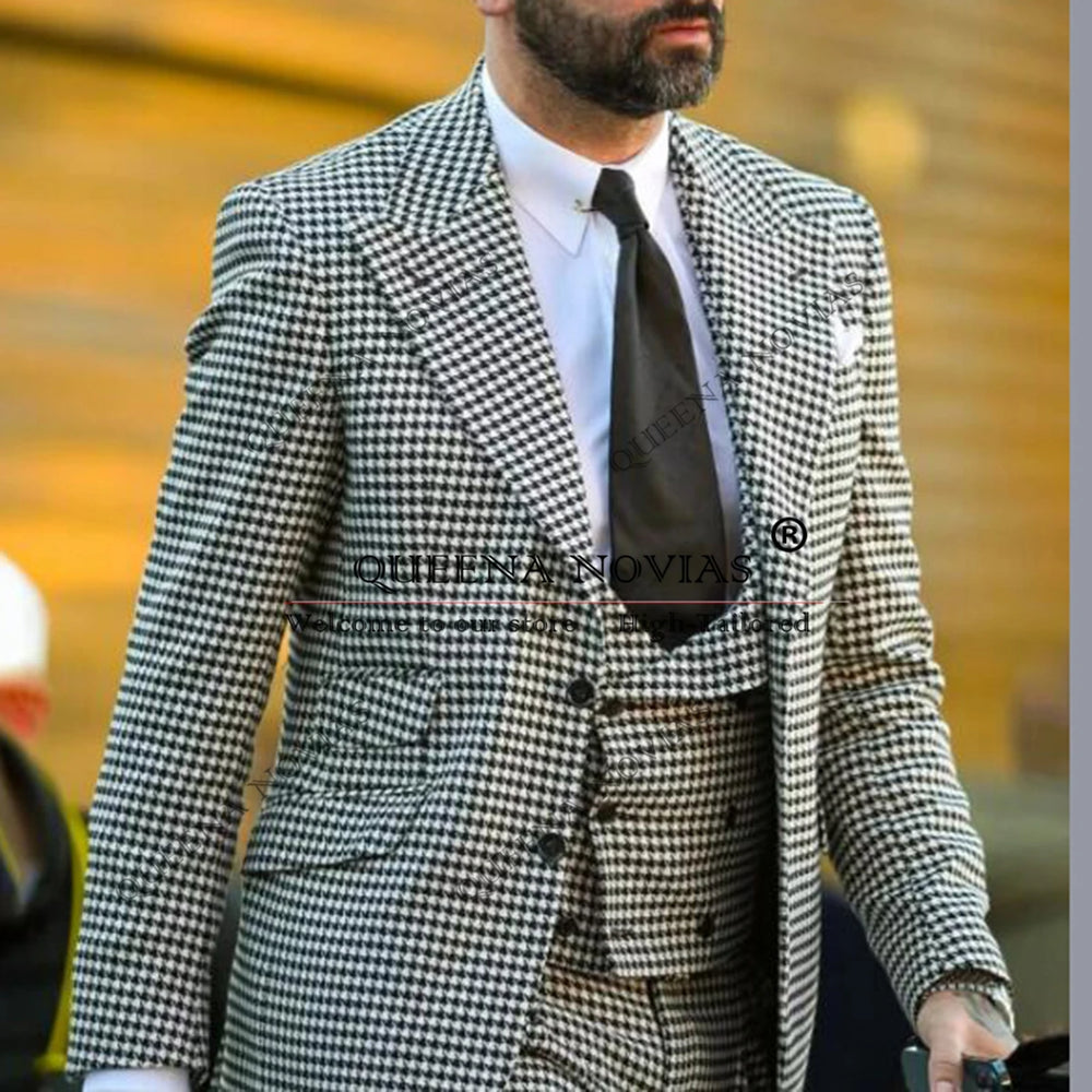 Houndstooth Business Suits Men Single Breated Prom Blazer Outfits Man Customized Groom Wedding Tuxedo trajes para hombre 2025