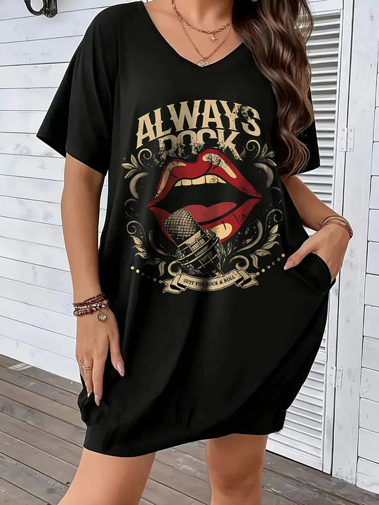 Women's Summer Loose Abstract Face Print Round Neck Short Sleeve Pocket Comfortable Casual Plus Size Dress