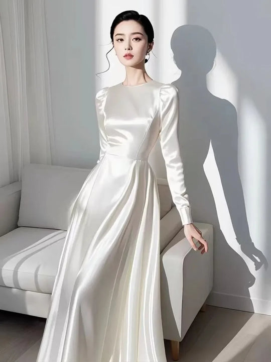 2024 Autumn Elegant Satin Women's Long Sleeve Dress Round Neck White