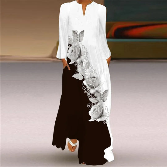 Elegant Women's Long Sleeved Dresses 2025 Spring/Summer New V-neck Pocket Loose Casual Robe Women Clothing S-5XL