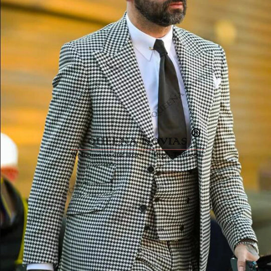 Houndstooth Business Suits Men Single Breated Prom Blazer Outfits Man Customized Groom Wedding Tuxedo trajes para hombre 2025