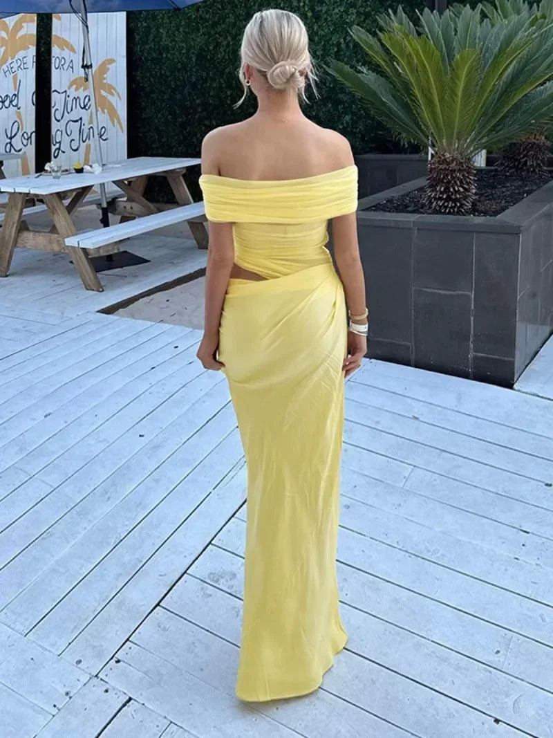 Elegant Yellow Holiday Beach Dresses for Women Sexy Slash Neck Mesh